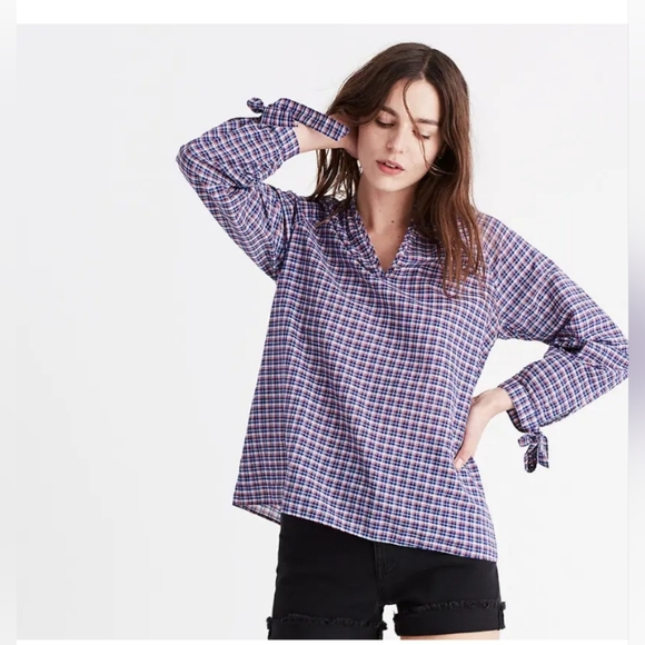 NWT Madewell 3/4 Length Tie-Sleeve Popover Top in Whitby Red White Blue Plaid XL - Picture 1 of 9